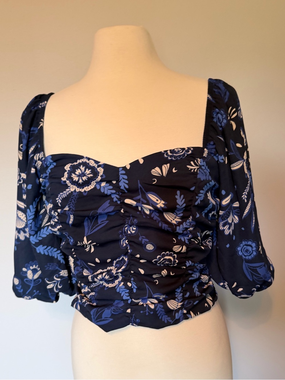 Sienna Sky Navy Blue Floral Ruched Square-Neck Crop Top